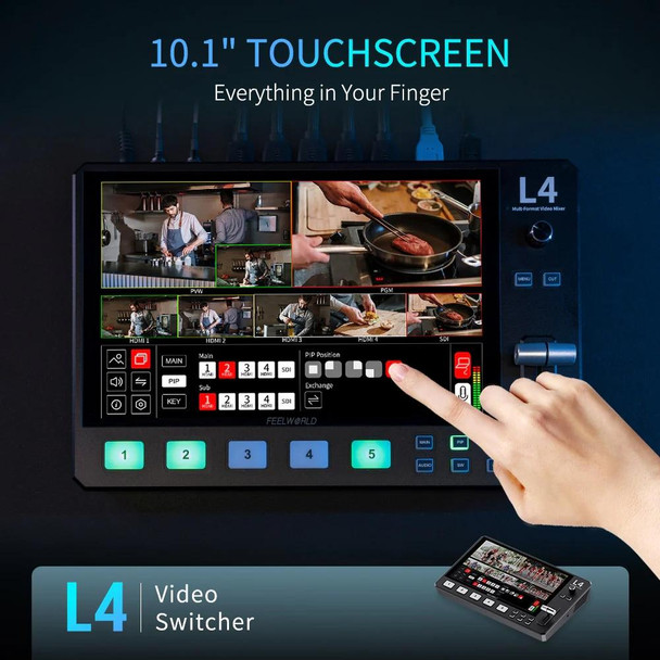 FEELWORLD L4 Multi-Camera Video Mixer Switcher 10.1" Touch Screen USB 3.0 Fast Streaming(US Plug)