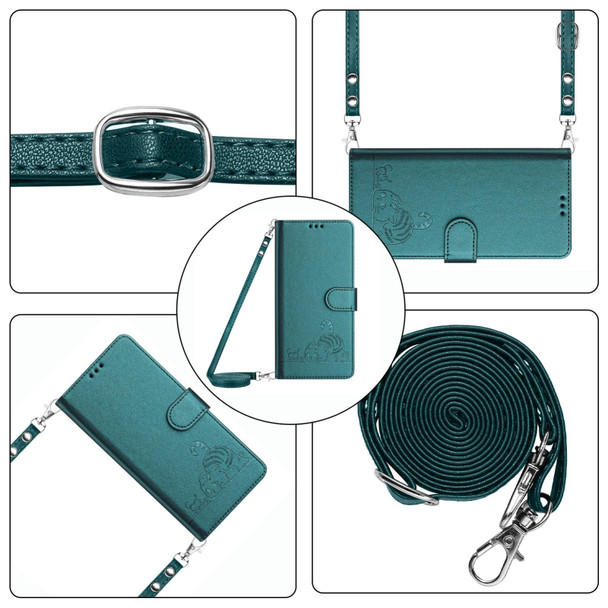 For Motorola Edge 50 Ultra Cat Rat Embossed Pattern RFID Leather Phone Case with Lanyard(Peacock Green)