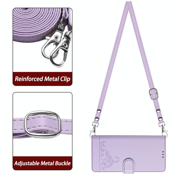 For ZTE Blade A73 5G Cat Rat Embossed Pattern RFID Leather Phone Case with Lanyard(Purple)