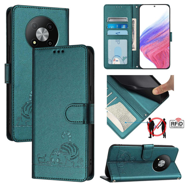 For ZTE Blade A73 5G Cat Rat Embossed Pattern RFID Leather Phone Case with Lanyard(Peacock Green)