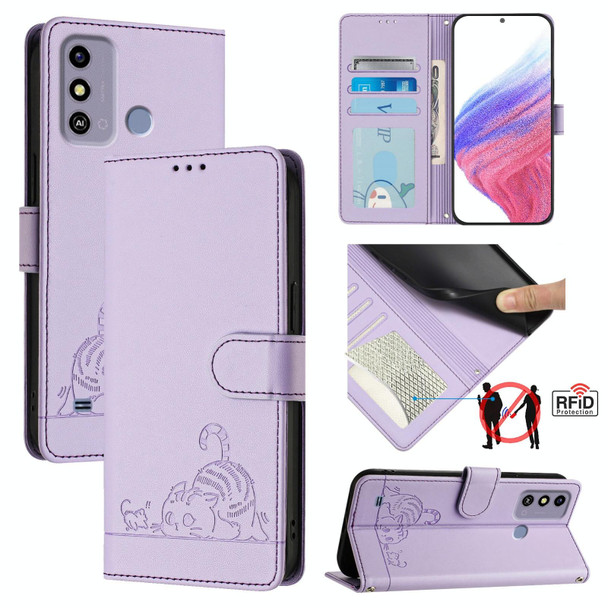 For ZTE Blade A53 Cat Rat Embossed Pattern RFID Leather Phone Case with Lanyard(Purple)