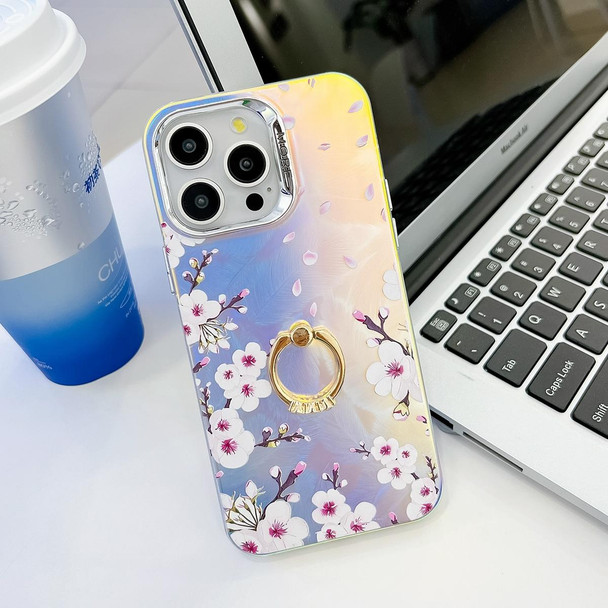 For iPhone 14 Pro Max Electroplating Laser Flower Ring Holder TPU Phone Case(Plum Blossom AH18)