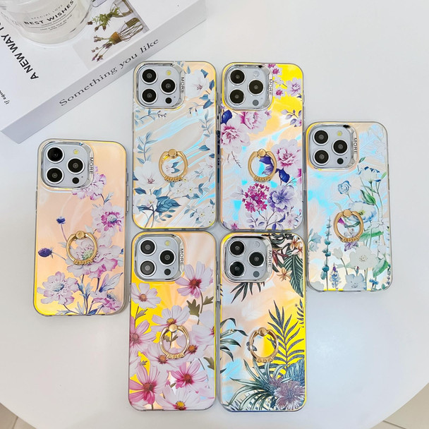 For iPhone 13 Pro Max Electroplating Laser Flower Ring Holder TPU Phone Case(Flower AH6)