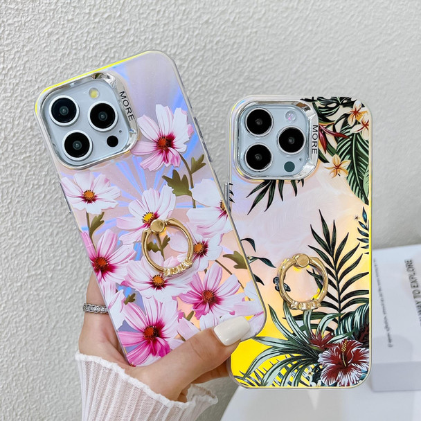 For iPhone 14 Pro Electroplating Laser Flower Ring Holder TPU Phone Case(White Flower AH10)