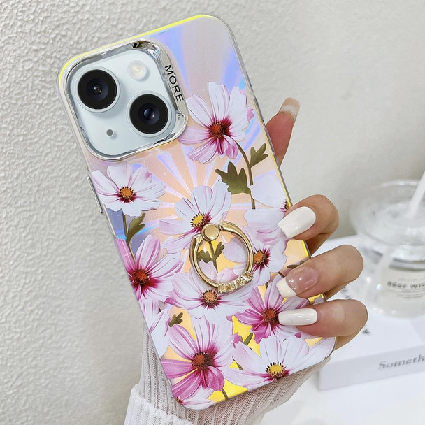 For iPhone 15 Electroplating Laser Flower Ring Holder TPU Phone Case(Cosmos Flower AH7)