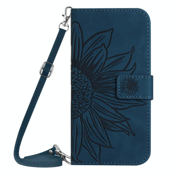 For iPhone 16 Plus Skin Feel Sun Flower Embossed Flip Leather Phone Case with Lanyard(Inky Blue)