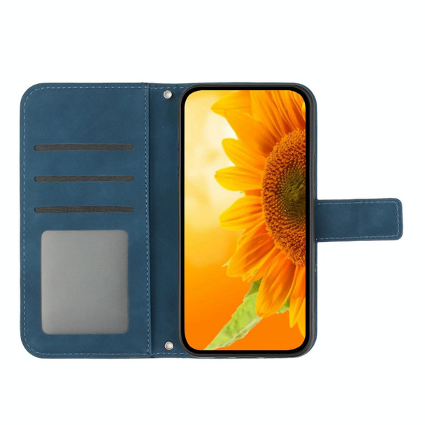 For iPhone 16 Plus Skin Feel Sun Flower Embossed Flip Leather Phone Case with Lanyard(Inky Blue)
