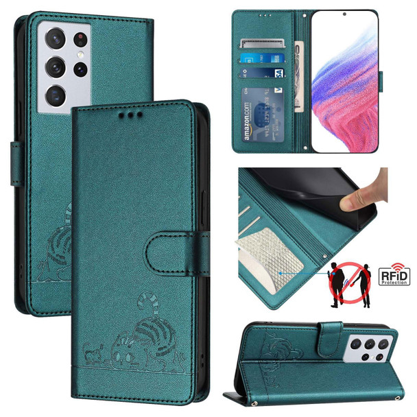 For Samsung Galax S21 Ultra Cat Rat Embossed Pattern RFID PU Phone Case with Wrist Strap(Peacock Green)