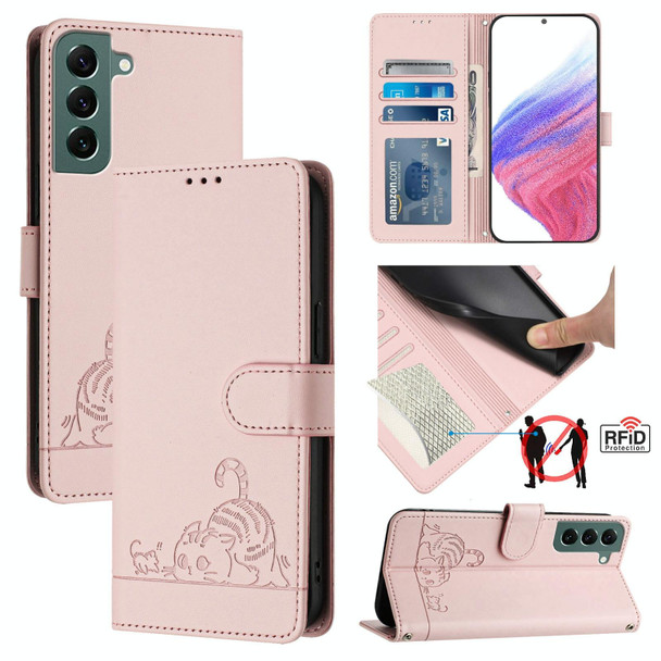 For Samsung Galax S22+ 5G Cat Rat Embossed Pattern RFID PU Phone Case with Wrist Strap(Pink)