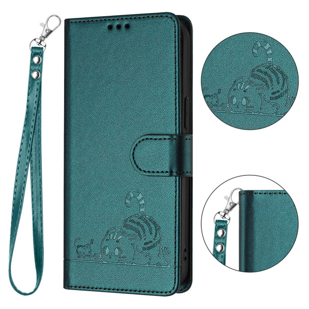 For Samsung Galaxy A52 4G Cat Rat Embossed Pattern RFID PU Phone Case with Wrist Strap(Peacock Green)