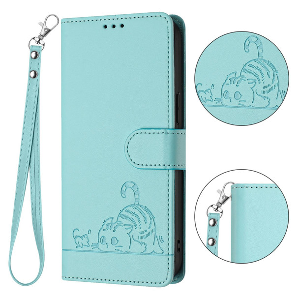 For Samsung Galaxy A51 5G Cat Rat Embossed Pattern RFID PU Phone Case with Wrist Strap(Mint Green)