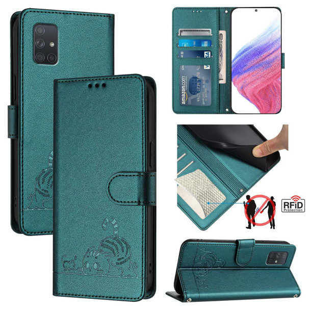 For Samsung Galaxy A71 4G Cat Rat Embossed Pattern RFID PU Phone Case with Wrist Strap(Peacock Green)