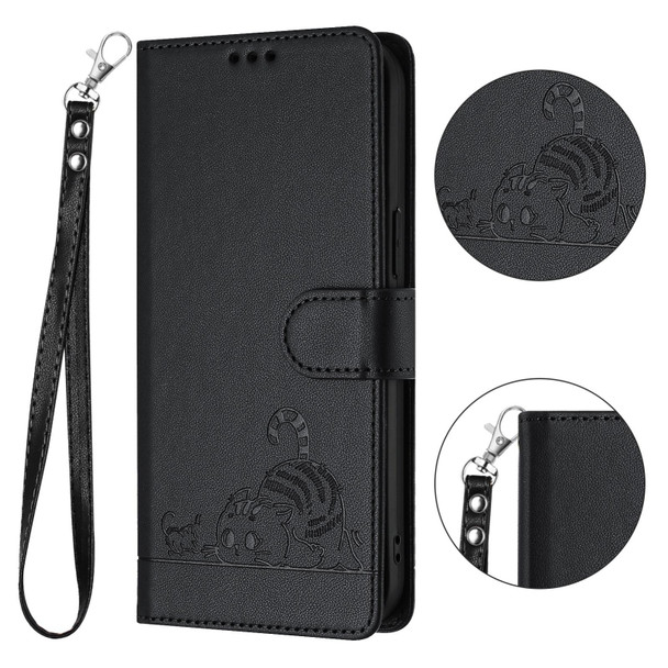For Samsung Galax S21 FE Cat Rat Embossed Pattern RFID PU Phone Case with Wrist Strap(Black)