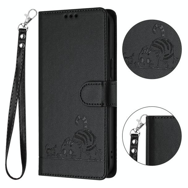 For Samsung Galax S22+ 5G Cat Rat Embossed Pattern RFID PU Phone Case with Wrist Strap(Black)