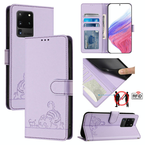 For Samsung Galaxy S20 Ultra Cat Rat Embossed Pattern RFID PU Phone Case with Wrist Strap(Purple)