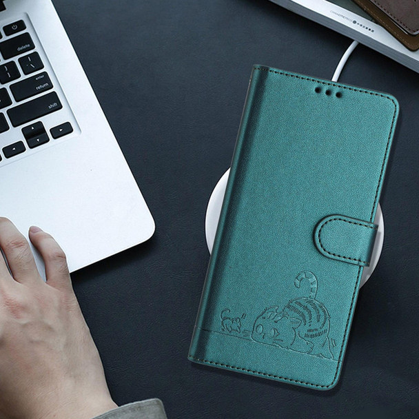For Samsung Galaxy A52 5G Cat Rat Embossed Pattern RFID PU Phone Case with Wrist Strap(Peacock Green)