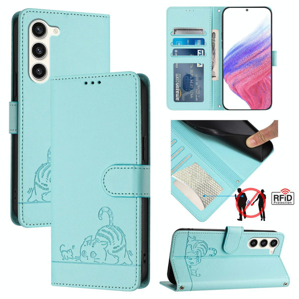 For Samsung Galax S23+ 5G Cat Rat Embossed Pattern RFID PU Phone Case with Wrist Strap(Mint Green)