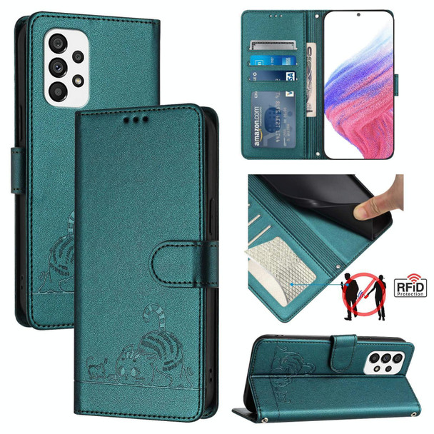 For Samsung Galaxy A73 5G Cat Rat Embossed Pattern RFID PU Phone Case with Wrist Strap(Peacock Green)