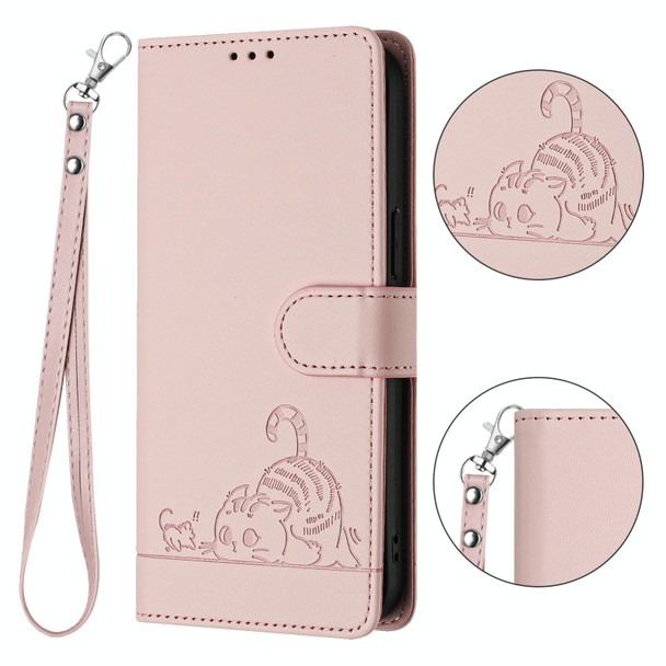 For Samsung Galax S22 Cat Rat Embossed Pattern RFID PU Phone Case with Wrist Strap(Pink)