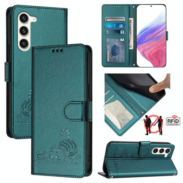 For Samsung Galax S23 5G Cat Rat Embossed Pattern RFID PU Phone Case with Wrist Strap(Peacock Green)