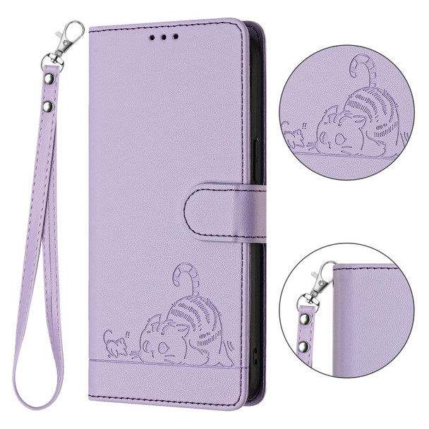 For Samsung Galaxy A51 5G Cat Rat Embossed Pattern RFID PU Phone Case with Wrist Strap(Purple)