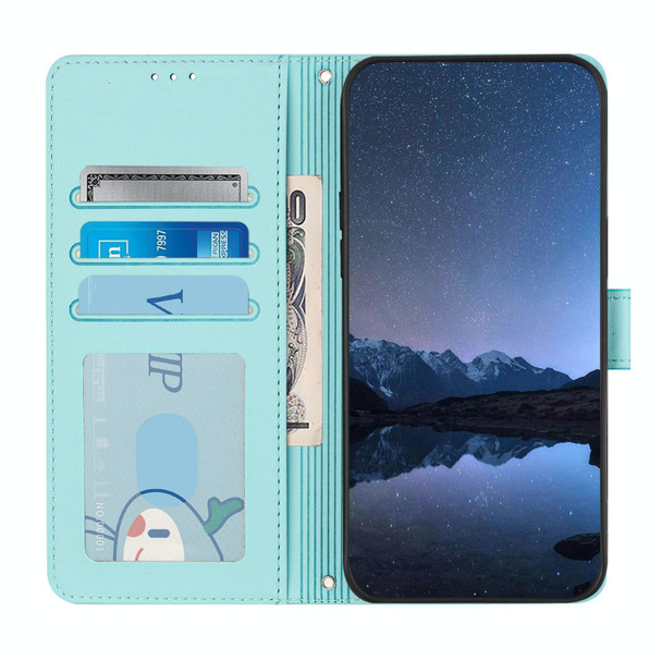 For Samsung Galax S21 FE Cat Rat Embossed Pattern RFID PU Phone Case with Wrist Strap(Mint Green)