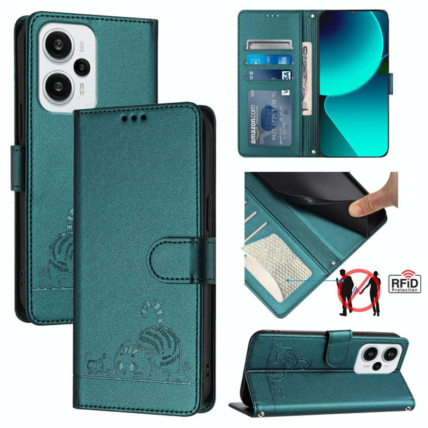 For Xiaomi POCO F5 Cat Rat Embossed Pattern RFID PU Phone Case with Wrist Strap(Peacock Green)