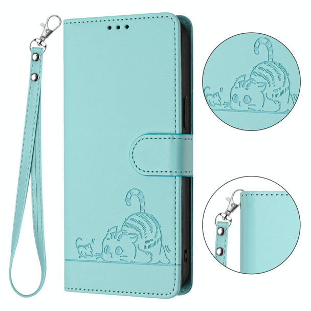 For Xiaomi POCO F5 Pro Cat Rat Embossed Pattern RFID PU Phone Case with Wrist Strap(Mint Green)