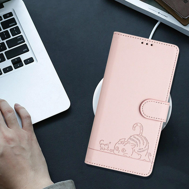 For Xiaomi POCO X6 5G Global Cat Rat Embossed Pattern RFID PU Phone Case with Wrist Strap(Pink)