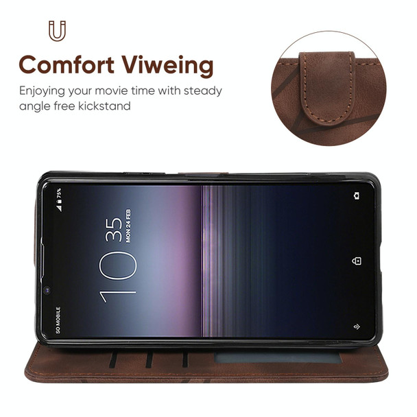 For Sony Xperia 1 II Skin Feel Geometric Lines Leather Phone Case(Brown)