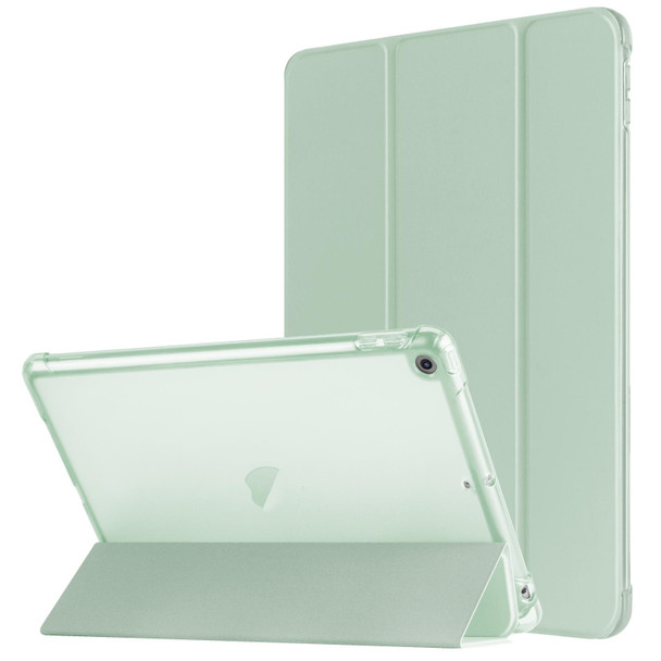 For iPad 10.2 2021 / 2020 / 2019 Tri-fold Holder TPU Cover Frosted Leather Smart Tablet Case withh Pen Slot(Matcha Green)