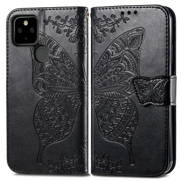 Google Pixel 5A Butterfly Love Flower Embossed Horizontal Flip Leather Case with Bracket & Card Slot & Wallet & Lanyard(Black)