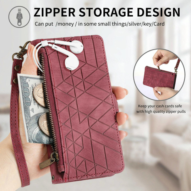 For OPPO Reno8 T 5G Geometric Zipper Wallet Side Buckle Leather Phone Case(Red)