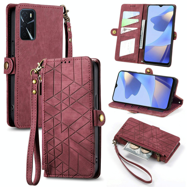 For OPPO Reno8 T 5G Geometric Zipper Wallet Side Buckle Leather Phone Case(Red)