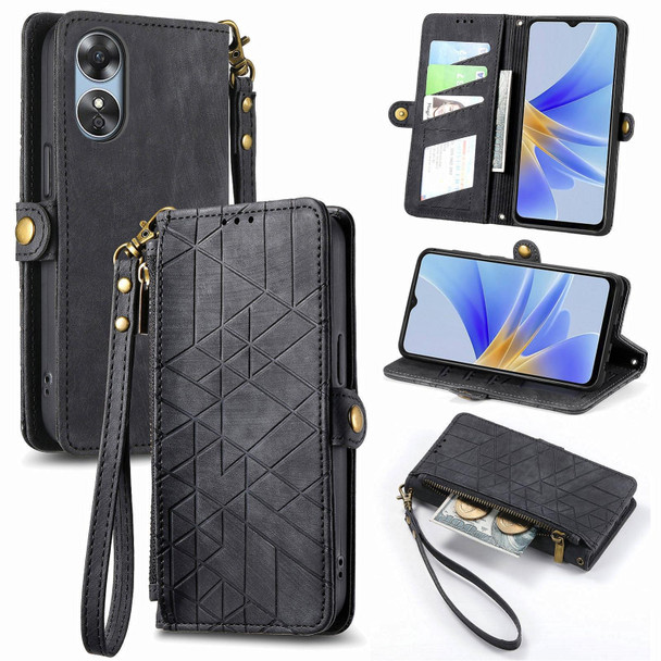 For OPPO A58 5G Geometric Zipper Wallet Side Buckle Leather Phone Case(Black)