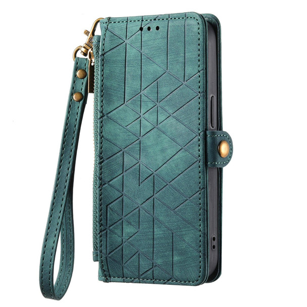 For OPPO  Reno7 4G Geometric Zipper Wallet Side Buckle Leather Phone Case(Green)