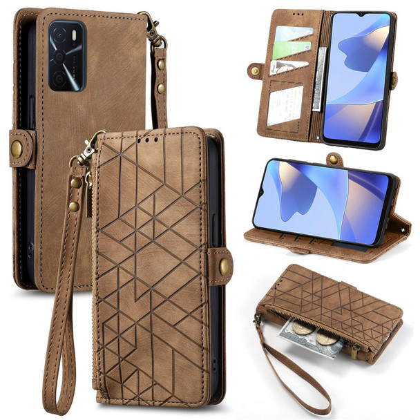 For OPPO A15 Geometric Zipper Wallet Side Buckle Leather Phone Case(Brown)