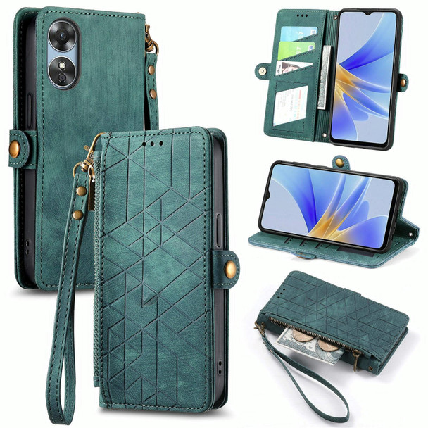 For OPPO F19 Pro+ Geometric Zipper Wallet Side Buckle Leather Phone Case(Green)