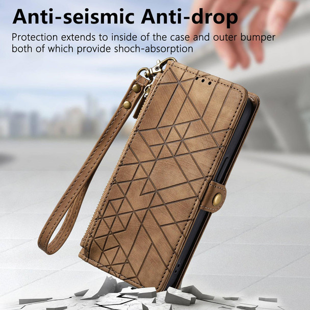 For OPPO Reno7 Pro 5G Geometric Zipper Wallet Side Buckle Leather Phone Case(Brown)