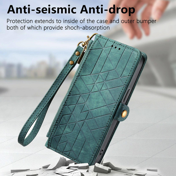 For OPPO A16 Geometric Zipper Wallet Side Buckle Leather Phone Case(Green)