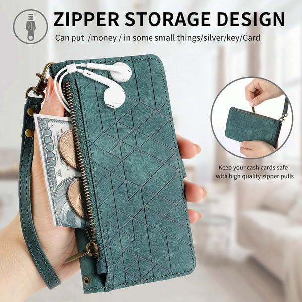 For OPPO F19 Pro Geometric Zipper Wallet Side Buckle Leather Phone Case(Green)