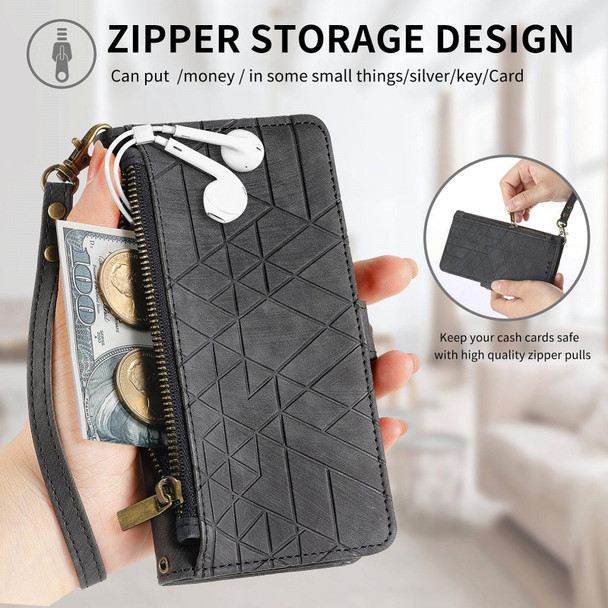 For OPPO Reno7 5G Geometric Zipper Wallet Side Buckle Leather Phone Case(Black)
