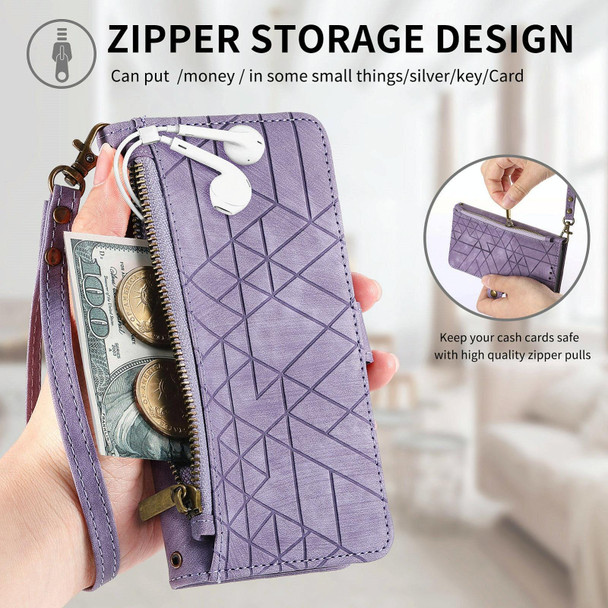 For OPPO Reno8 5G Geometric Zipper Wallet Side Buckle Leather Phone Case(Purple)