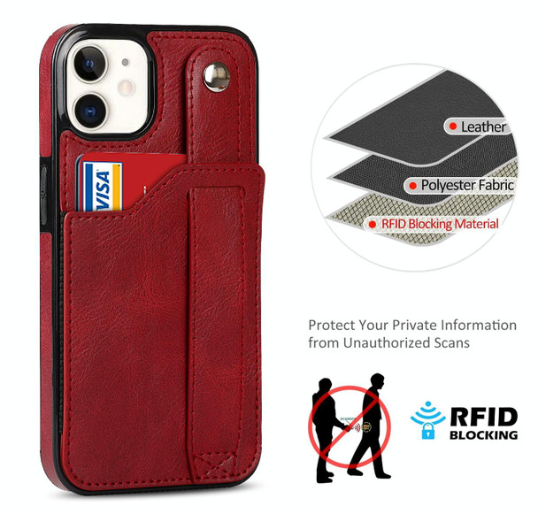Crazy Horse Texture Shockproof TPU + PU Leatherette Case with Card Slot & Wrist Strap Holder - iPhone 12 mini(Red)