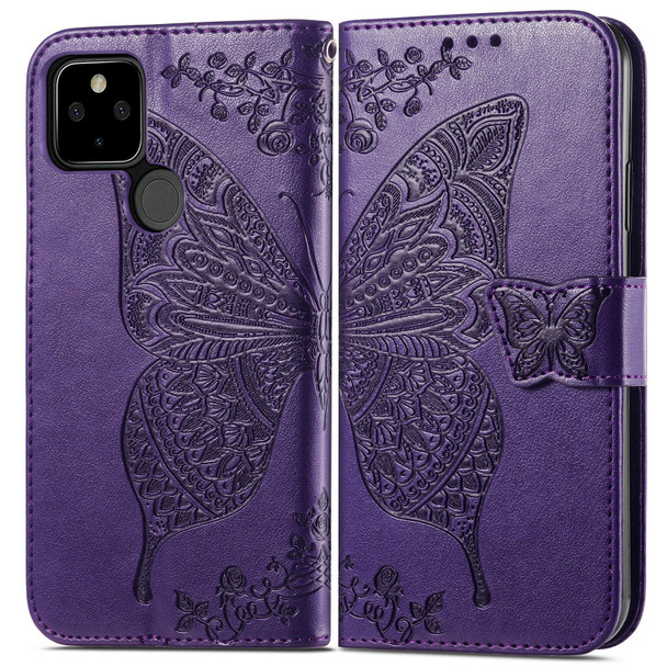 Google Pixel 5A Butterfly Love Flower Embossed Horizontal Flip Leather Case with Bracket & Card Slot & Wallet & Lanyard(Dark Purple)