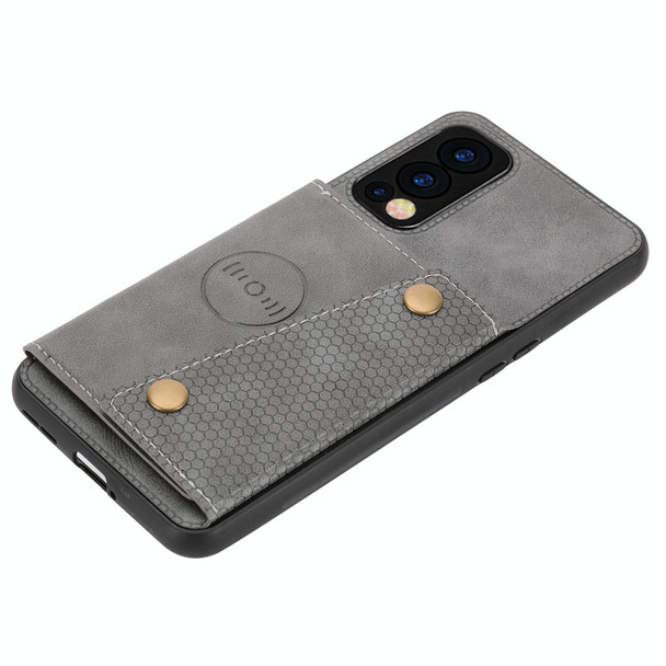 OnePlus Nord 2 5G Double Buckle PU + TPU Shockproof Magnetic Protective Case with Card Slot & Holder(Grey)