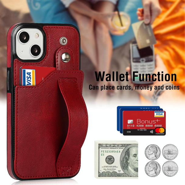 Crazy Horse Texture Shockproof TPU + PU Leatherette Case with Card Slot & Wrist Strap Holder - iPhone 13(Red)