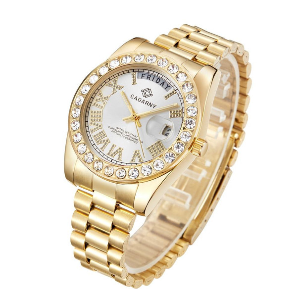 CAGARNY 6886 Diamond-encrusted Roman Numeral Dial Quartz Watch for Men(Gold Shell White Dial)