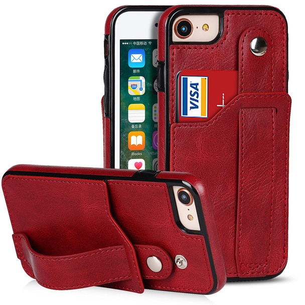 Crazy Horse Texture Shockproof TPU + PU Leatherette Case with Card Slot & Wrist Strap Holder -  iPhone SE 2022 / SE 2020 / 7 / 8(Red)