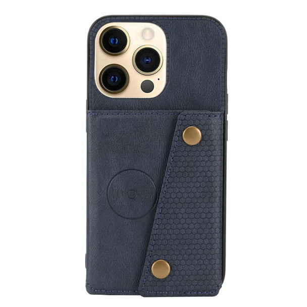 Double Buckle PU + TPU Shockproof Magnetic Protective Case with Card Slot & Holder - iPhone 13 Pro Max(Blue)